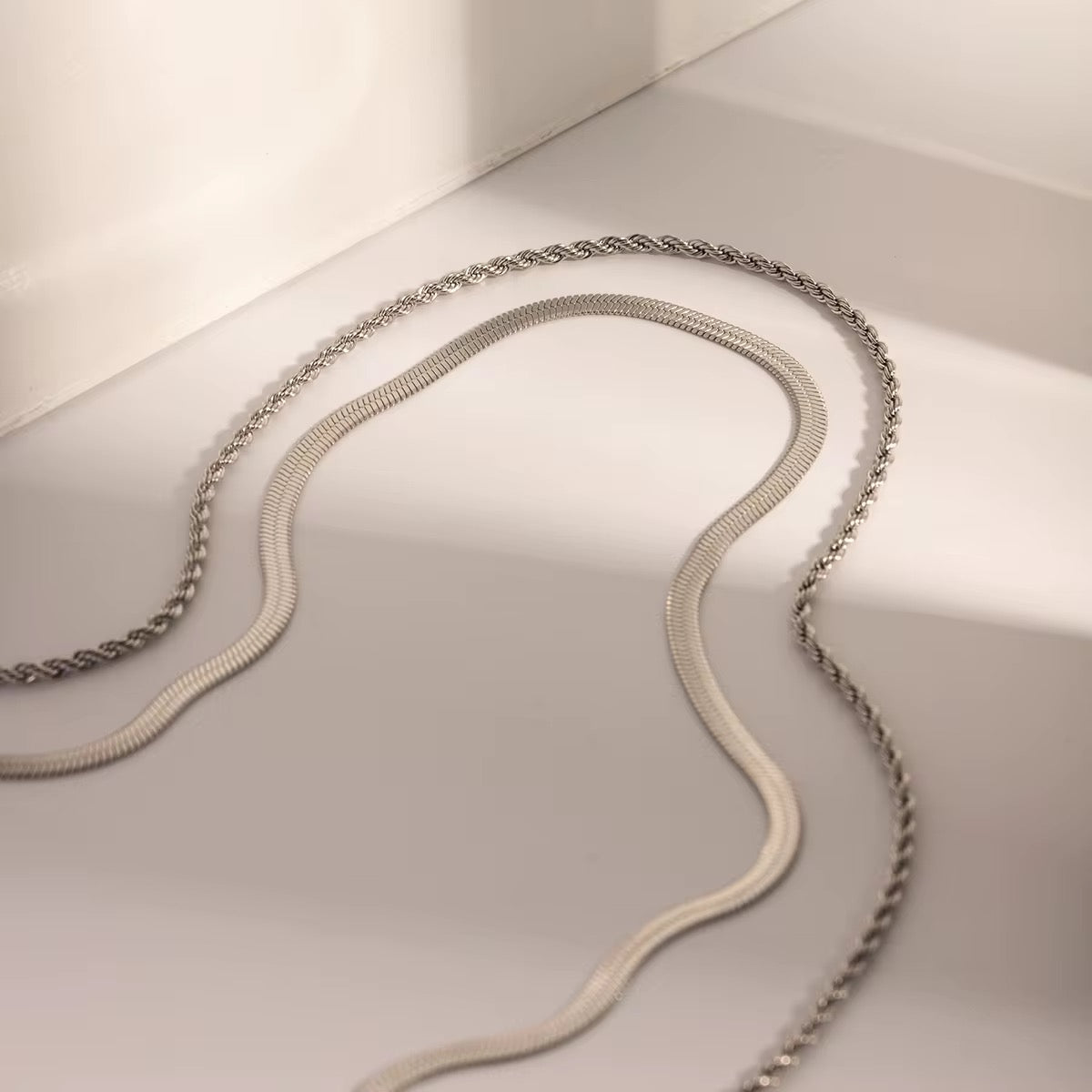 Bella “Silver” Herring Bone and Rope Chain Stack Necklace - Alais Branche