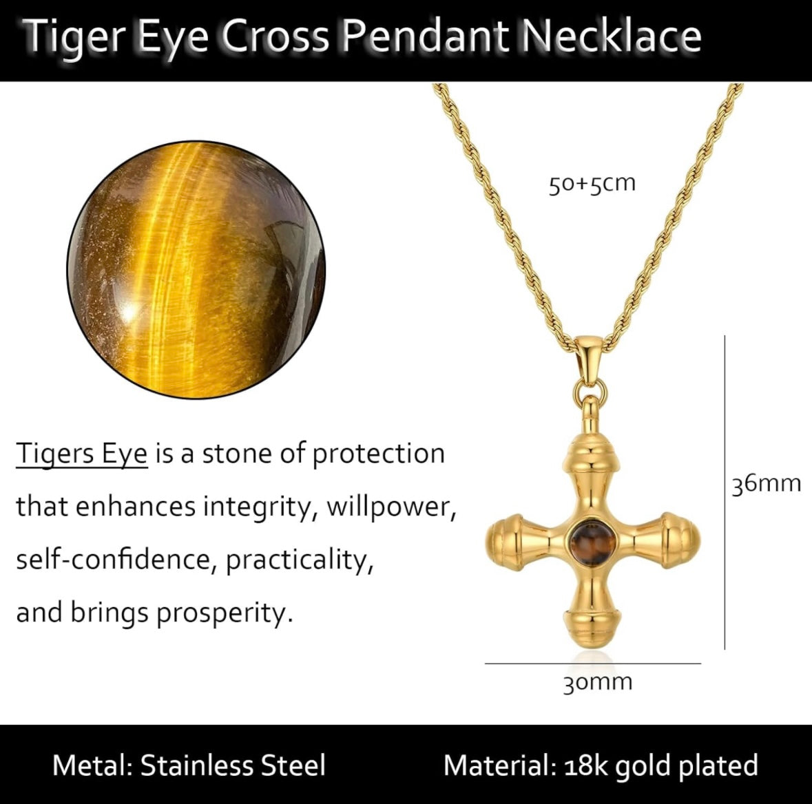 Nesh Tigers Eye Stone Vintage Cross Necklace - Alais Branche