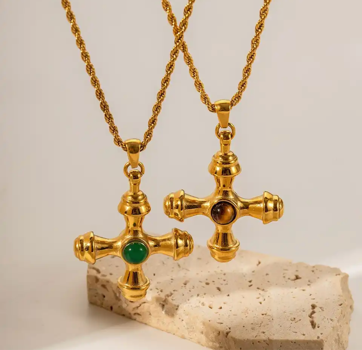 Nesh Tigers Eye Stone Vintage Cross Necklace - Alais Branche