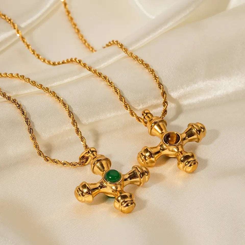 Nesh Green Agate Stone Vintage Cross Necklace - Alais Branche