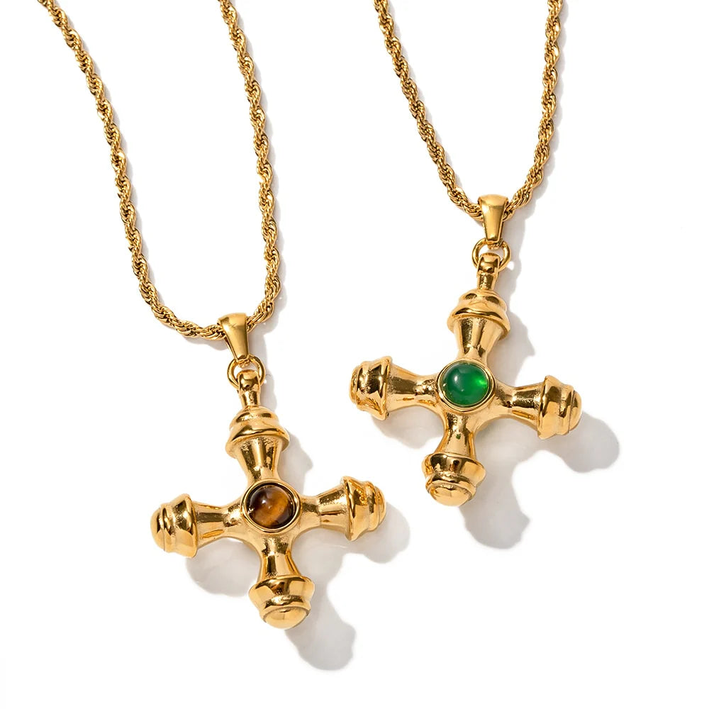 Nesh Tigers Eye Stone Vintage Cross Necklace - Alais Branche