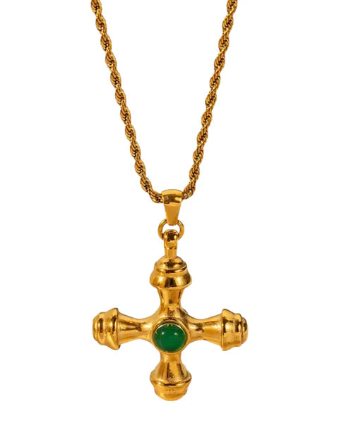 Nesh Green Agate Stone Vintage Cross Necklace - Alais Branche