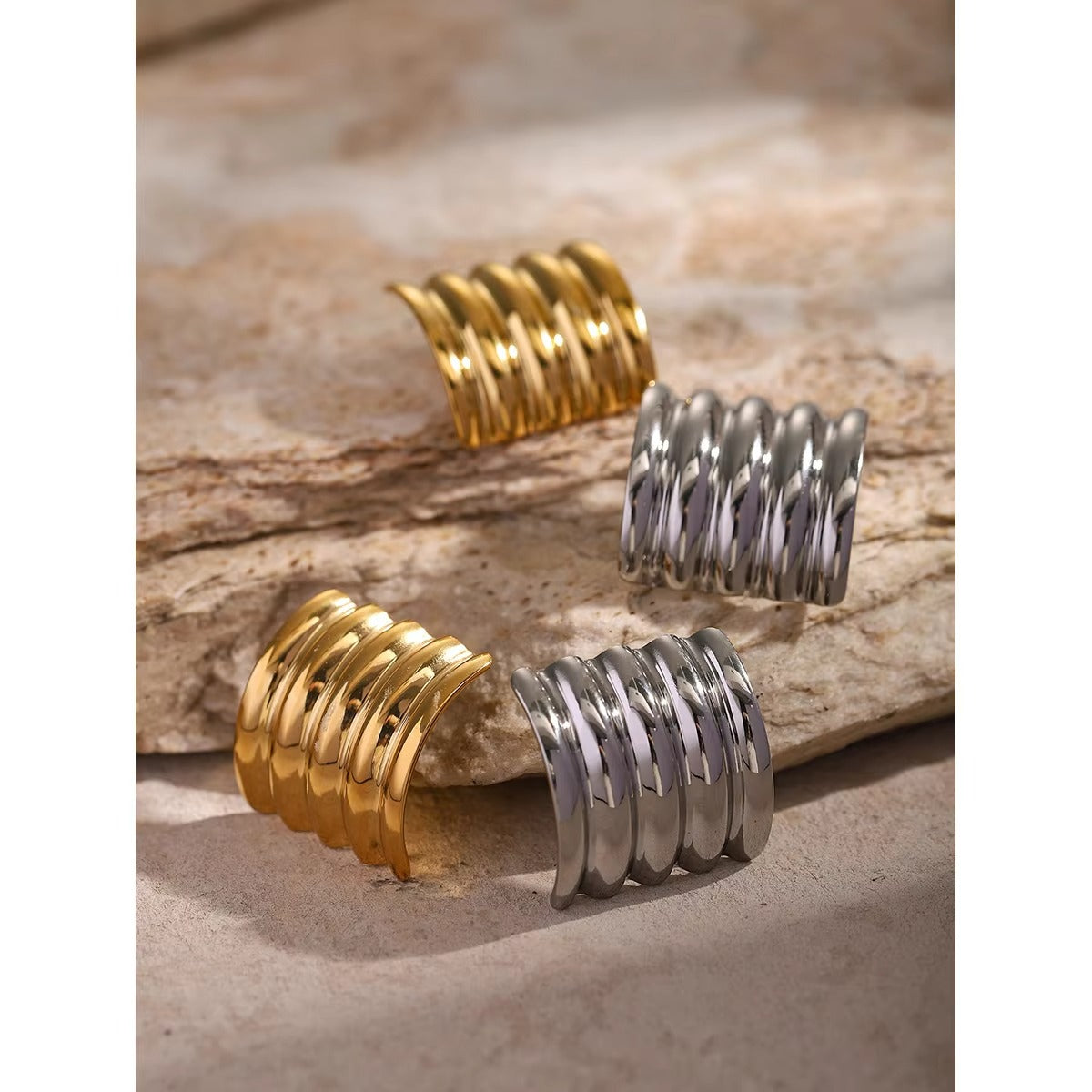 J&D Hot Sell 18K PVD Gold Stainless Steel Jewelry Chunky Small Wave Texture Square Stud Earring Clean Fit silver - Alais Branche