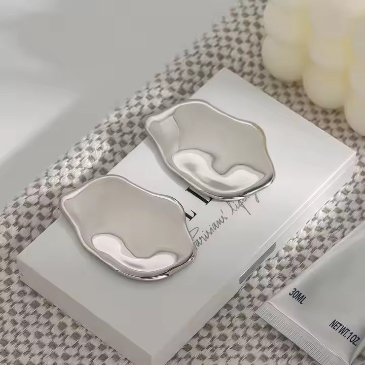 J&D Stainless Steel Modern Minimalist Chic Jewelry Pair Polished Irregular Silver Earrings - Alais Branche