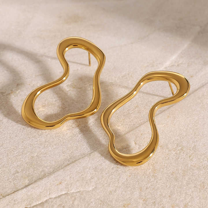 J&D Minimalist Handmade Jewelry Earring 18K Gold Plated Stainless Steel Irregular Shape Hollow Stud Earrings - Alais Branche