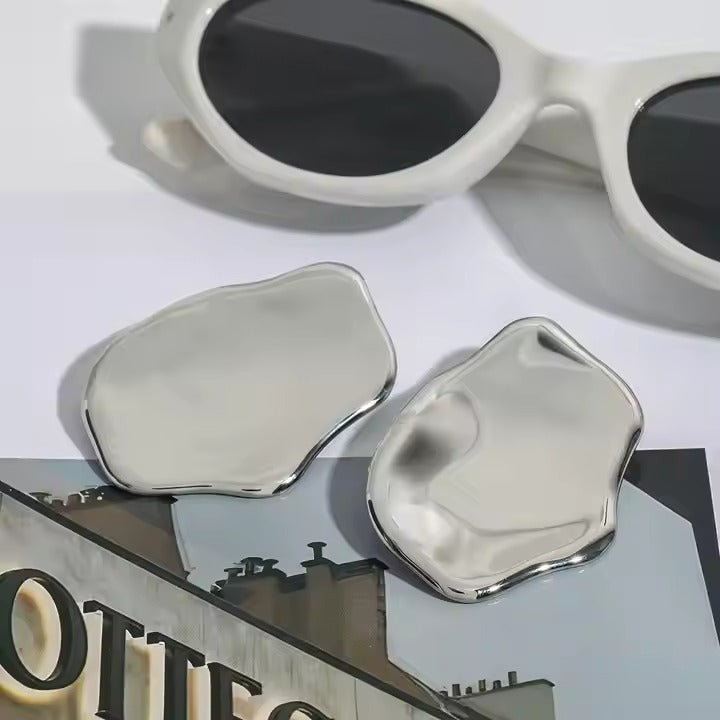 J&D Stainless Steel Modern Minimalist Chic Jewelry Pair Polished Irregular Silver Earrings - Alais Branche