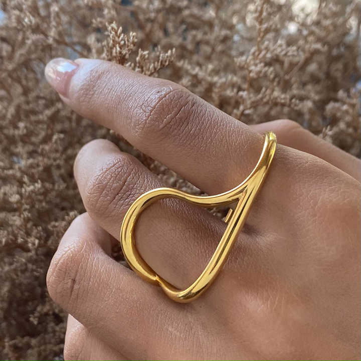 J&D Luxury Stainless Steel 18K Gold Plated Ring Women Jewelry Personalized Curved Two-finger Ring Size 7 - Alais Branche