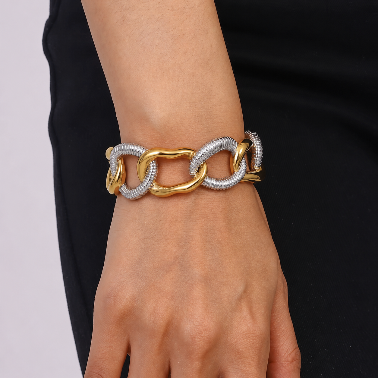 Natalie "Mixed Metal" Hollow Chain Cuff Bracelet - Alais Branche