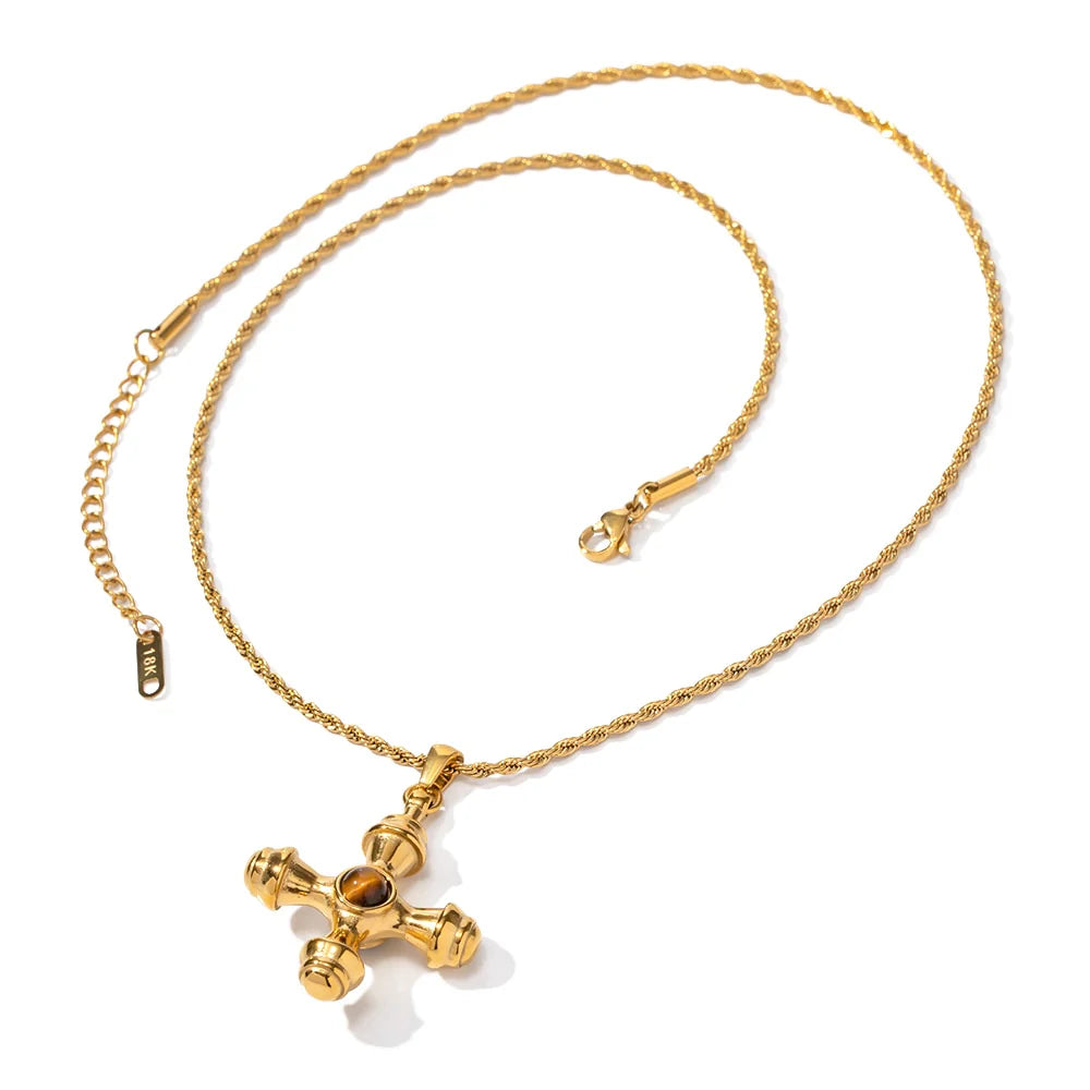 Nesh Tigers Eye Stone Vintage Cross Necklace - Alais Branche