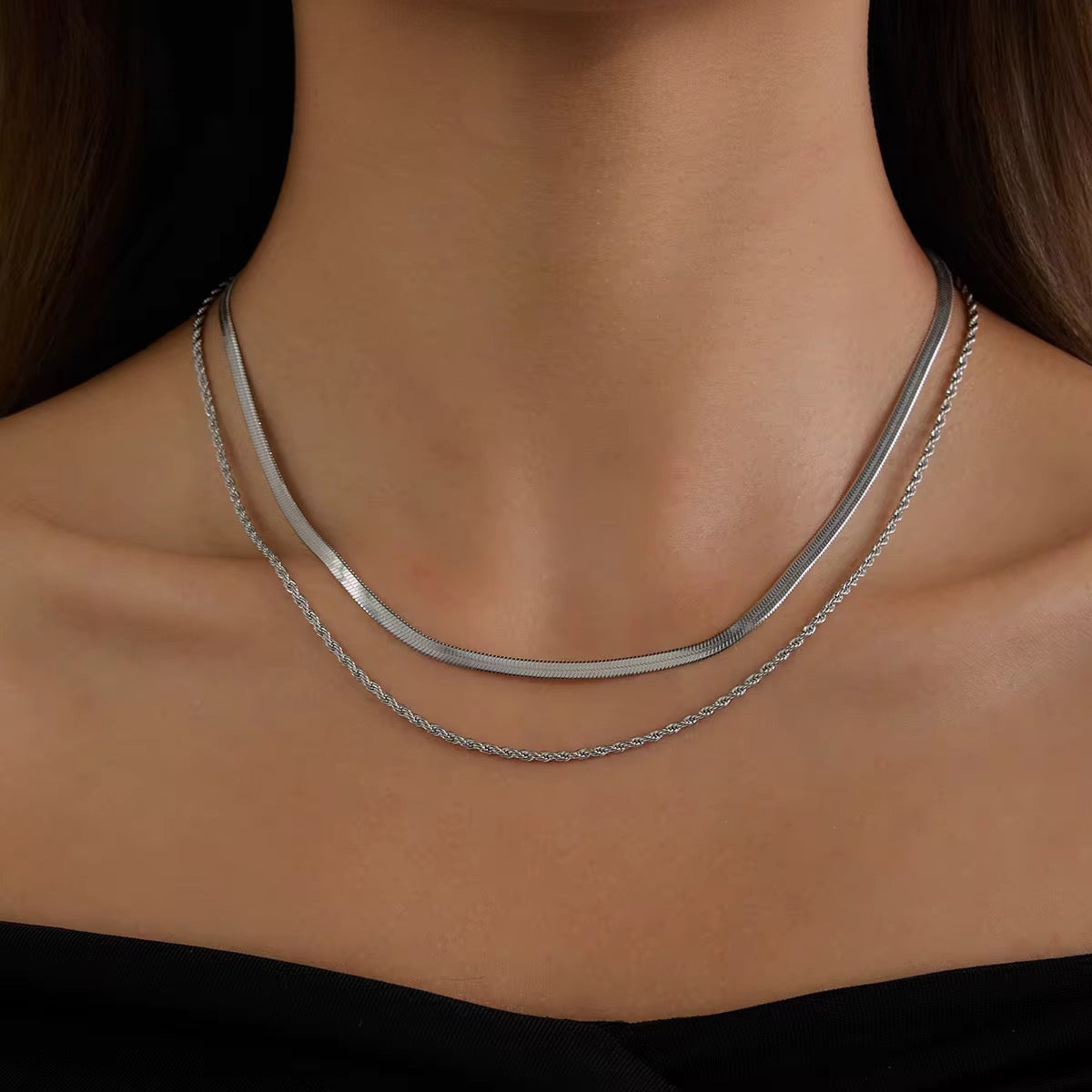 Bella “Silver” Herring Bone and Rope Chain Stack Necklace - Alais Branche
