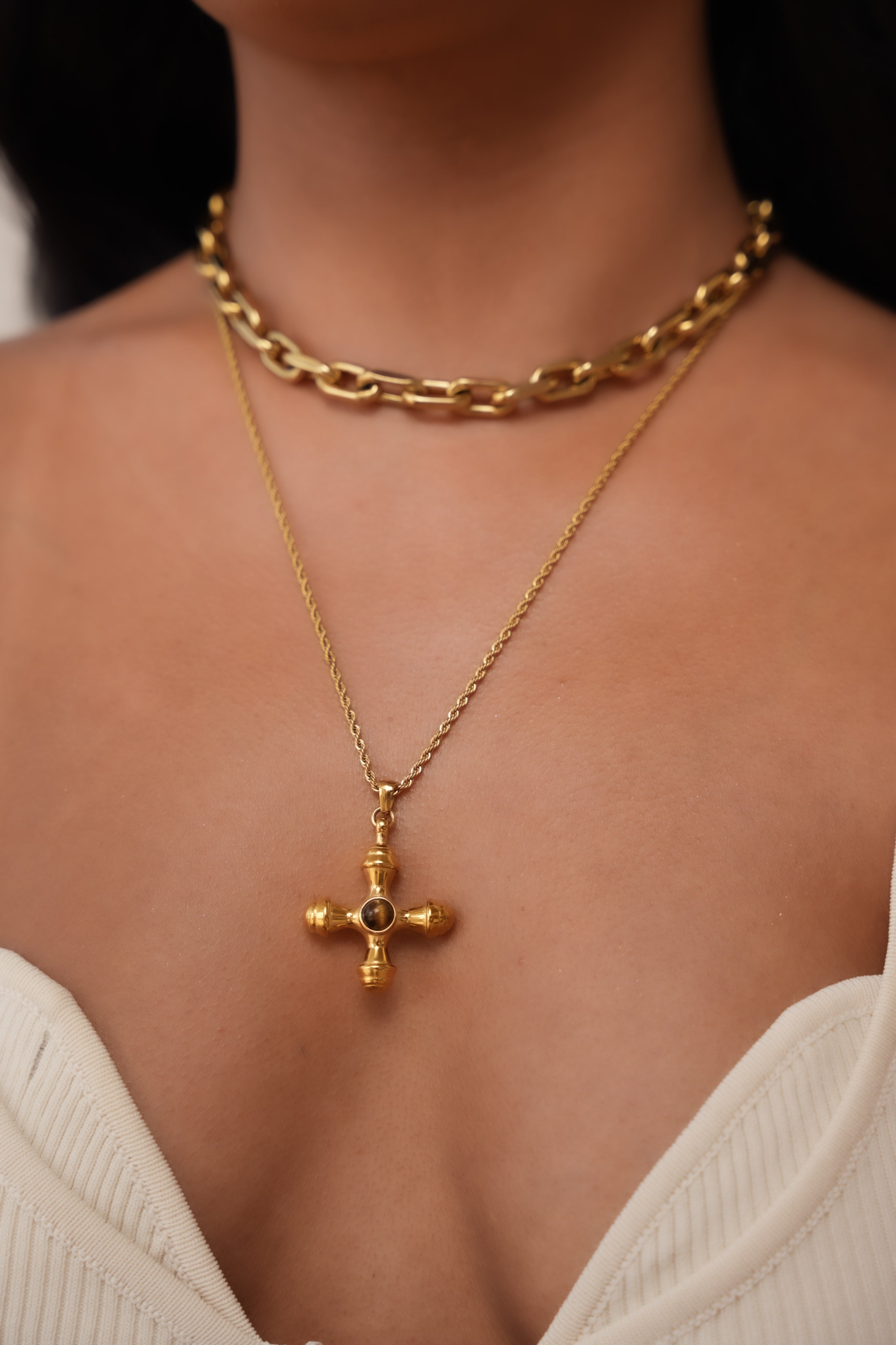 Nesh Tigers Eye Stone Vintage Cross Necklace - Alais Branche
