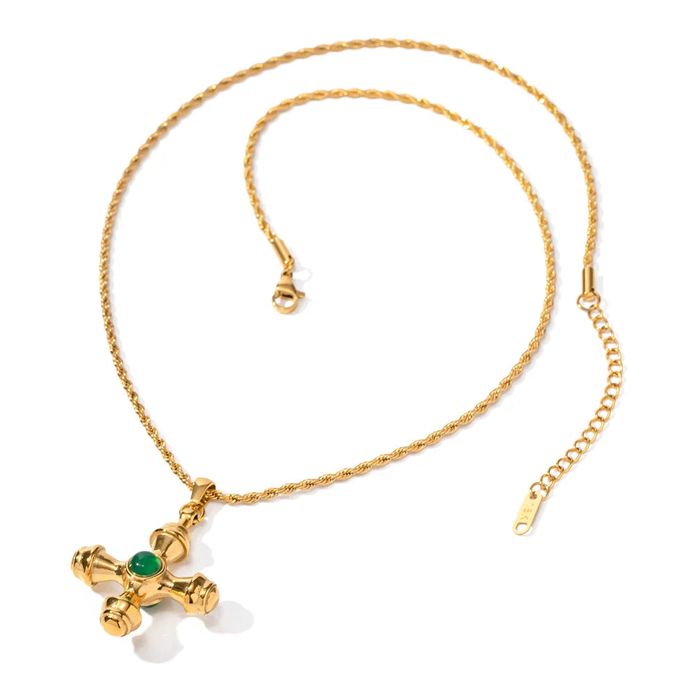 Nesh Green Agate Stone Vintage Cross Necklace - Alais Branche