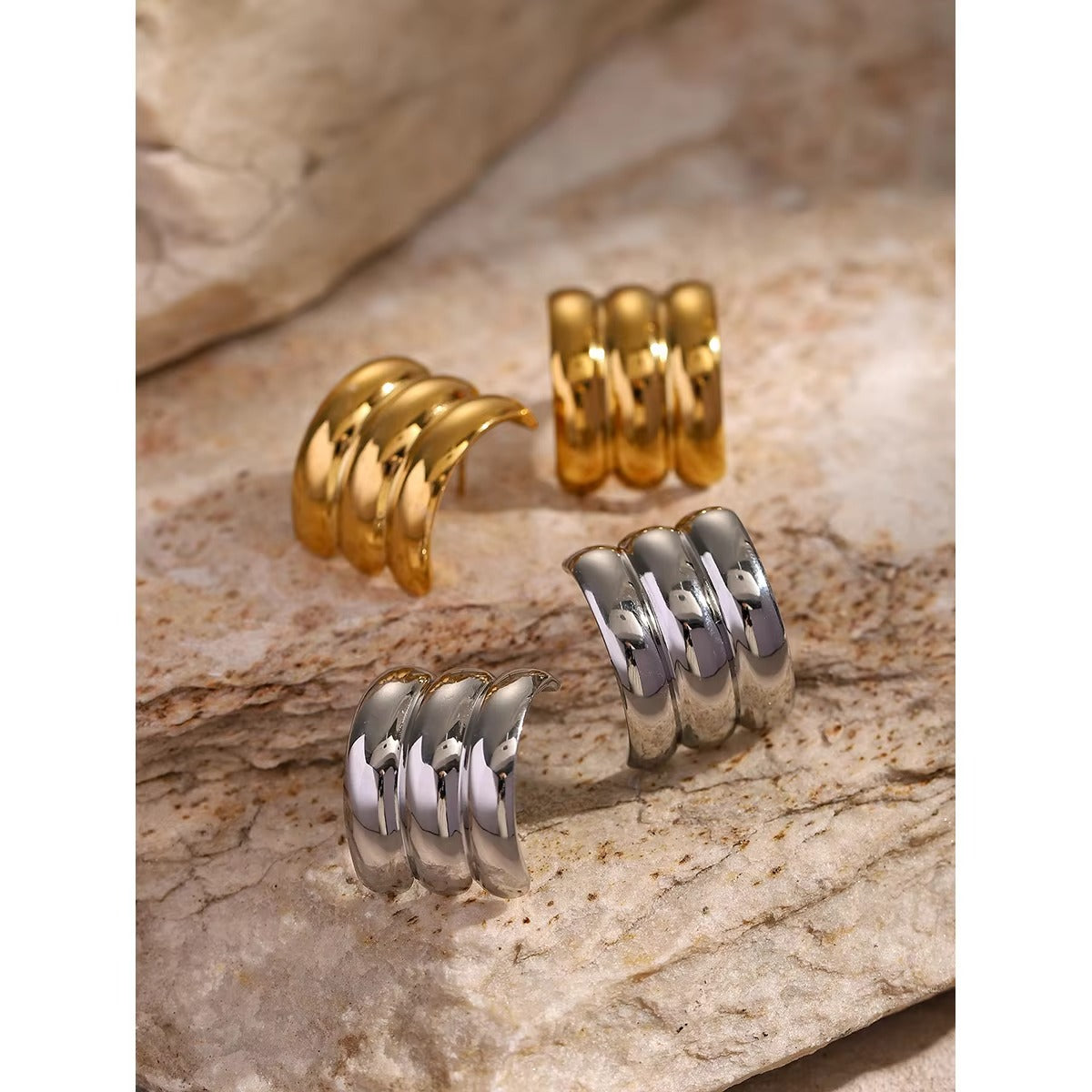 J&D Hot Sell 18K PVD Gold Stainless Steel Jewelry Chunky Big Wave Texture Square Stud Earring Clean Fit (silver - Alais Branche