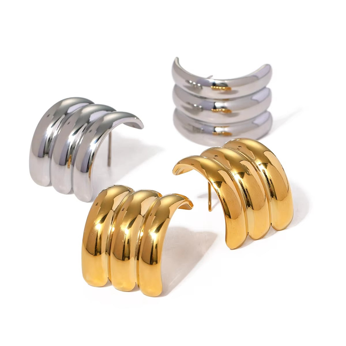 J&D Hot Sell 18K PVD Gold Stainless Steel Jewelry Chunky Big Wave Texture Square Stud Earring Clean Fit (silver - Alais Branche