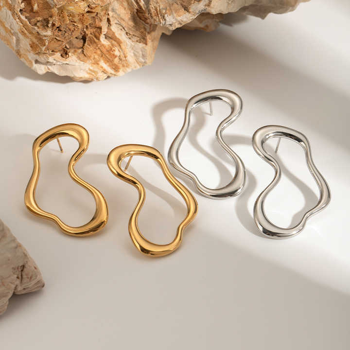 J&D Minimalist Handmade Jewelry Earring 18K Gold Plated Stainless Steel Irregular Shape Hollow Stud Earrings - Alais Branche