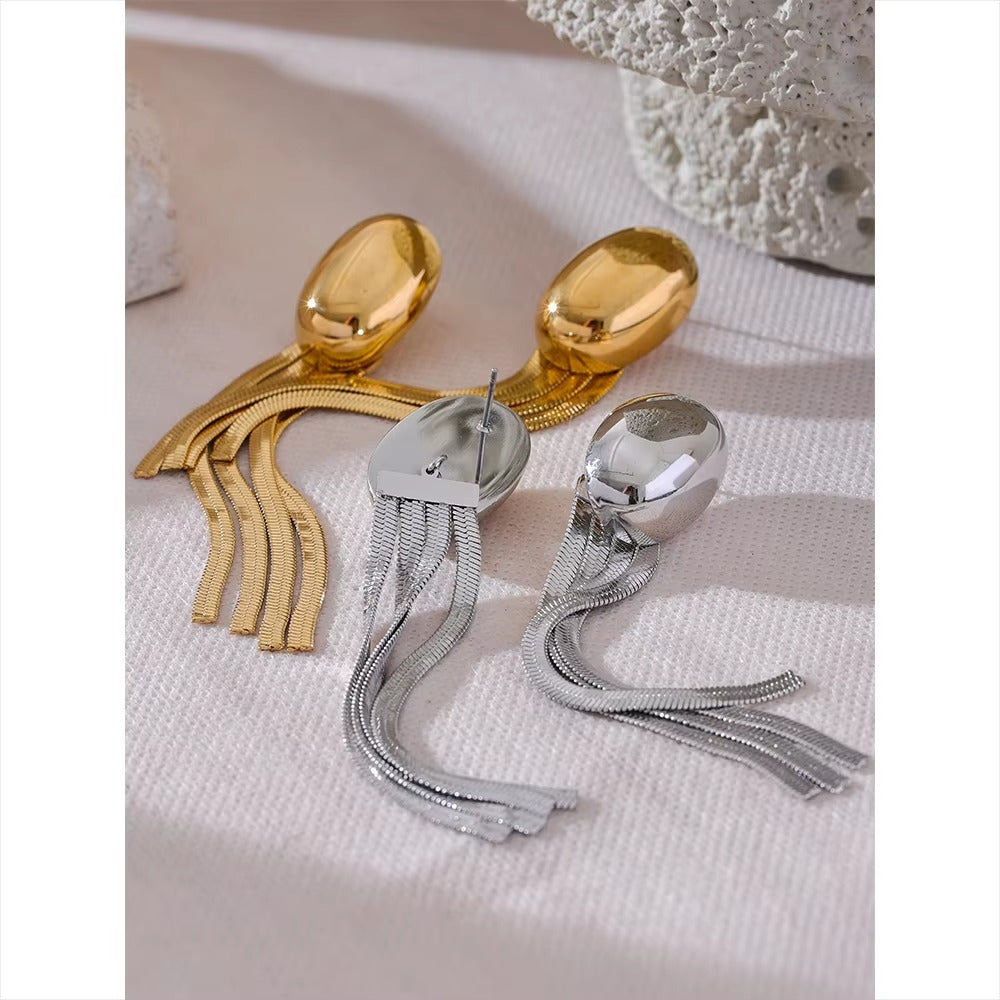 JINYOU 3129 Trendy Oval Tassel Snake Chain Long Hanging Drop Earrings Waterproof Temperament Fashion Ear Jewelry 2025 silver - Alais Branche