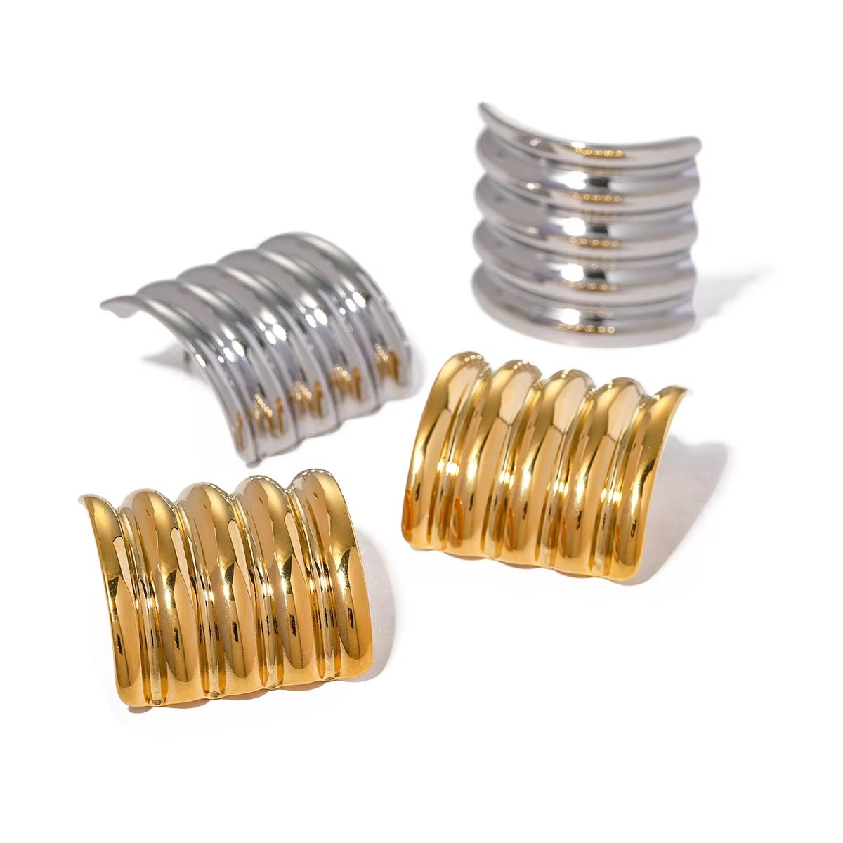 J&D Hot Sell 18K PVD Gold Stainless Steel Jewelry Chunky Small Wave Texture Square Stud Earring Clean Fit silver - Alais Branche