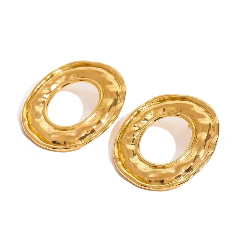 Youthway 18K Gold Hammered Stainless Steel O-Shaped Stud Earrings For Women Luxury Glossy Waterproof Allergic Charm Jewelry - Alais Branche